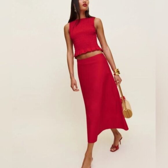 NEW Reformation Laguna Two Piece Matching Midi Skirt Set Lipstick Red US 4 UK 8 - Picture 1 of 15